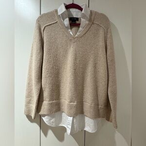 Karen Kane V-Neck Sweater with peekaboo white collar and hem in Light Beige